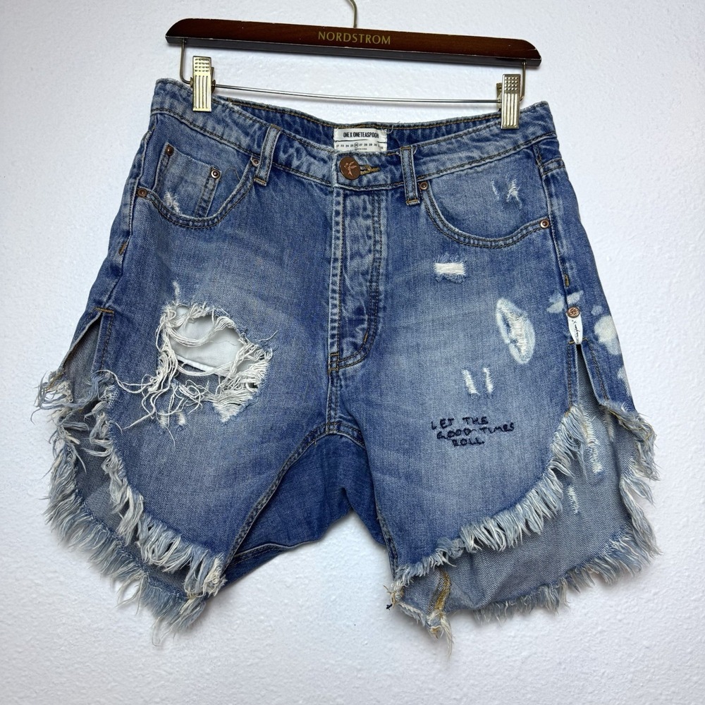 One Teaspoon Frankie's Drop Crotch Denim Shorts Women's 26 Embroidered Jean